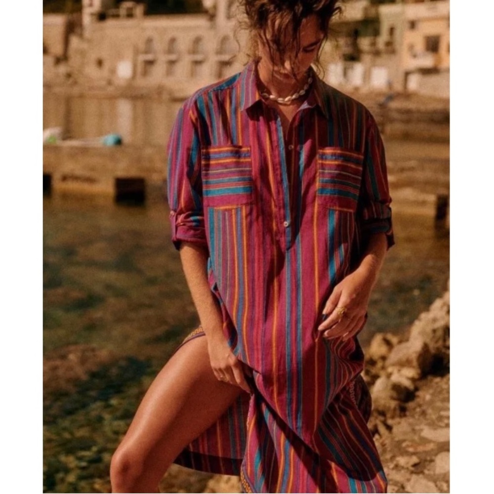 Sezane Odile Dress Rayure Multicolour Stripe size XS Cotton Embroidered